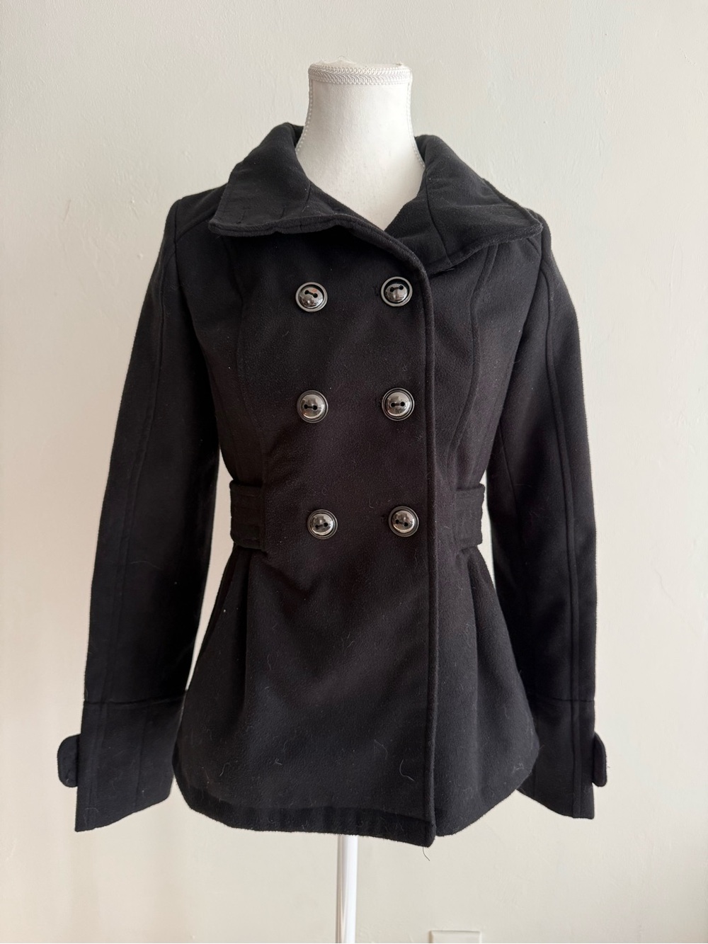 Pink Envelope Y2K Black Double Breasted Belted Peacoat Jacket XS Alt Fall Winter